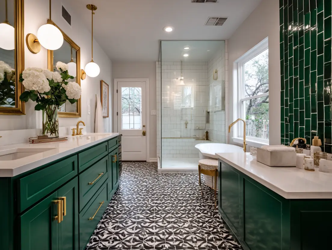Luxury bathroom renovation with green cabinets and modern fixtures by Austin bathroom remodeling specialists