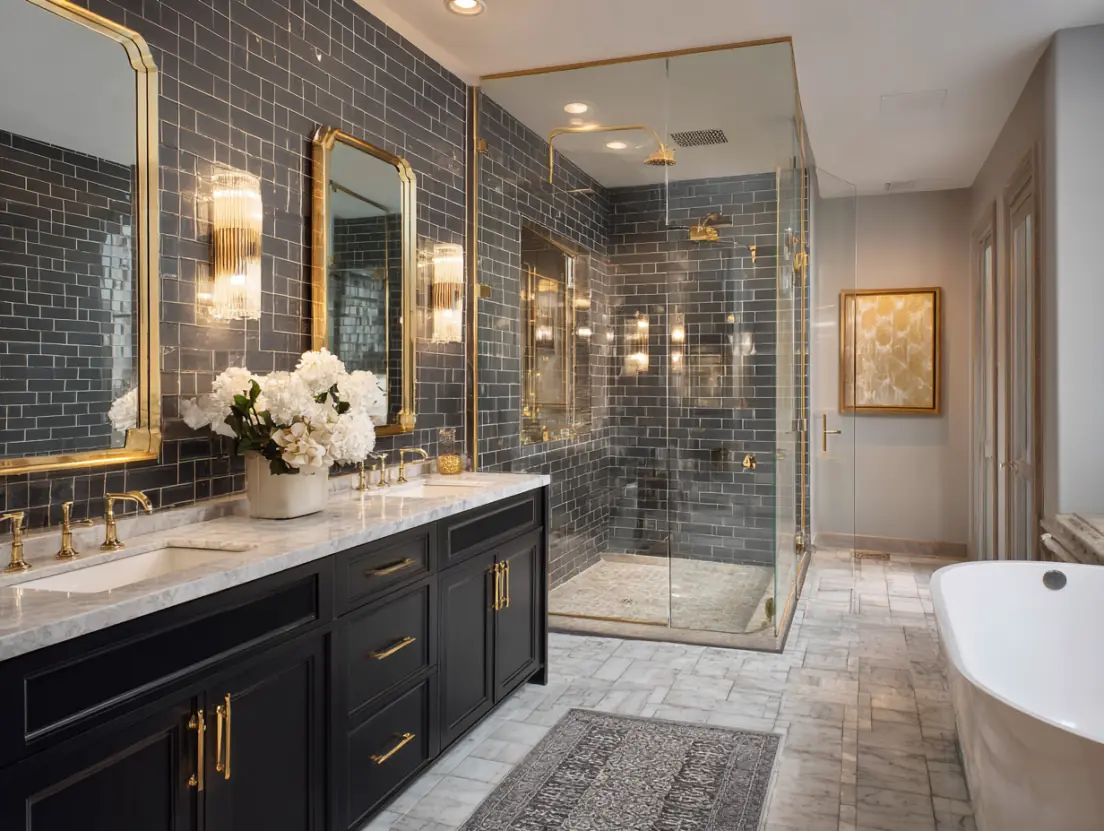 Contemporary guest bathroom with custom vanity and designer fixtures