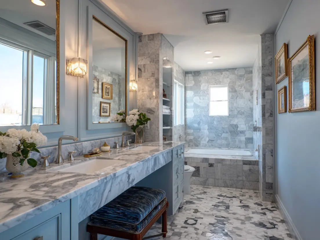 Spa-like master bathroom with natural stone and glass shower