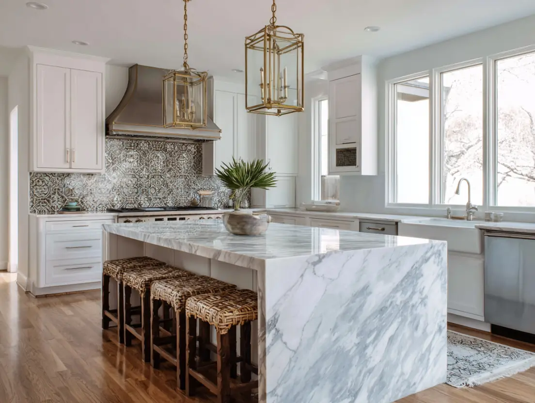 Farmhouse style kitchen with shaker cabinets and butcher block counters