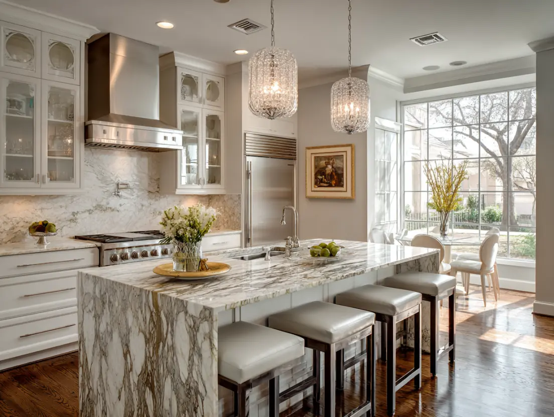 Luxury kitchen renovation with marble backsplash and stainless appliances