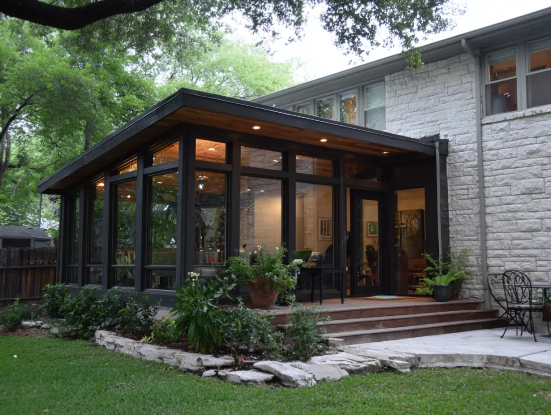 Outdoor living space addition with covered patio and outdoor kitchen in Georgetown