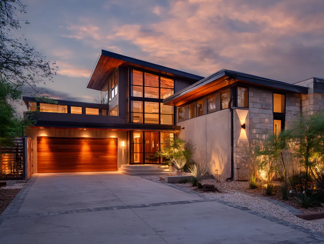 Modern custom home built by Dreamstead Builders in West Austin TX featuring contemporary architecture and luxury finishes